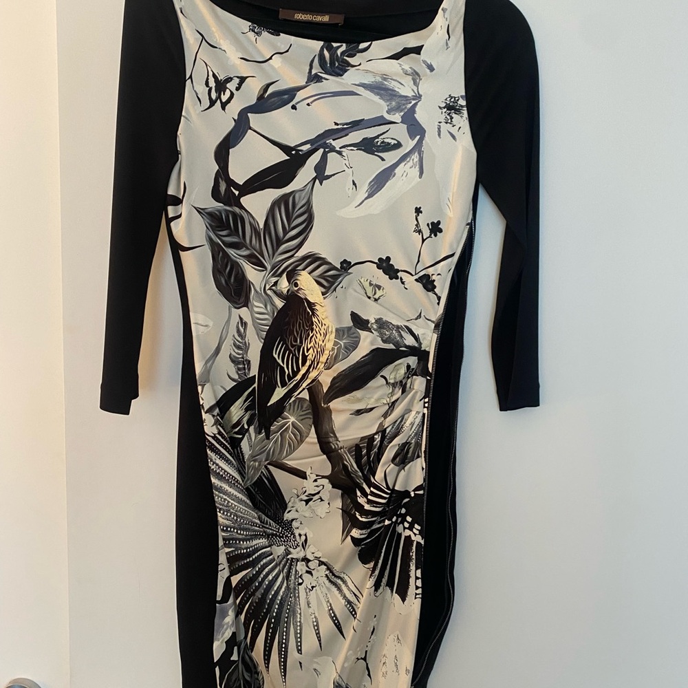 Roberto Cavalli Black and Cream Long Sleeve Dress